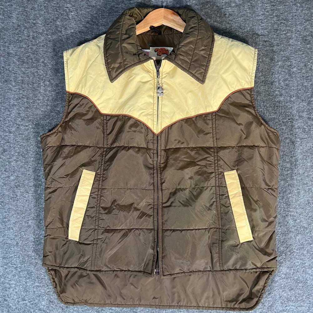 Vintage Comfy Goose Down Puffer Vest Mens XL Brown Tan Western 70s Made in USA